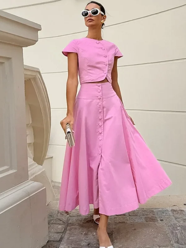 Chic Pink Two-Piece A-Line Skirt & Button Top Set for Women