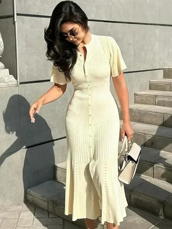 Elegant Knit Dress For Women White  O-neck Single Breasted Short Sleeve Long Dresses Female  Spring Fashion Lady Robe