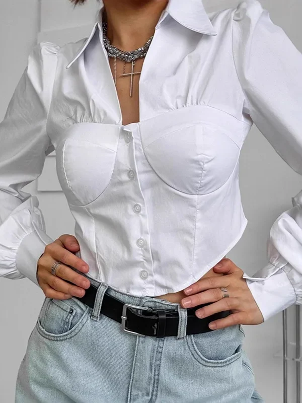 Moopsi Commuting White Bubble Sleeve Shirt For Women Lapel  Single Breasted Blouses Female  Autumn Fashion Short Top