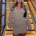 Chic Khaki Mini Skirt Suit Set for Effortless Fall Elegance - Image 3