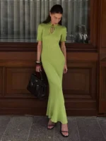 Moopsi Short Sleeve Knitted Long Dress Female  Hollow Retro Elegant Sweater Dress  Summer New High Waist Women‘s Dress