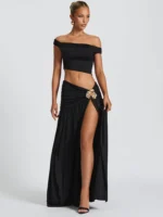 Chic Two-Piece Dress Set: Skew Collar Crop & Pleated Skirt - Image 5