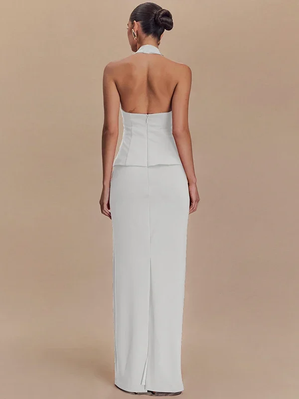 Elegant Backless Halter Top & High-Waisted Skirt Set