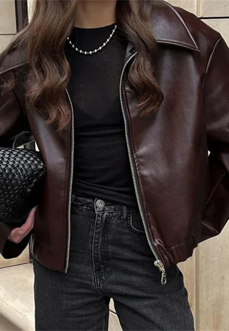 Burgundy Faux Leather Jacket Women Zipper Coat Autumn Style