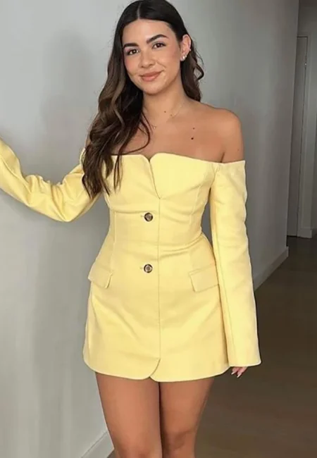Stunning Yellow Off Shoulder Button Mini Dress for Club Nights