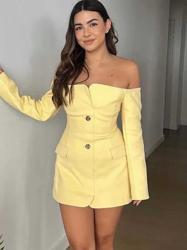 Elegant Off-Shoulder Button Dress - Yellow Mini for Summer Chic