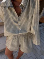 Chic Striped Women's Two-Piece Shorts Set for Effortless Style - Image 2