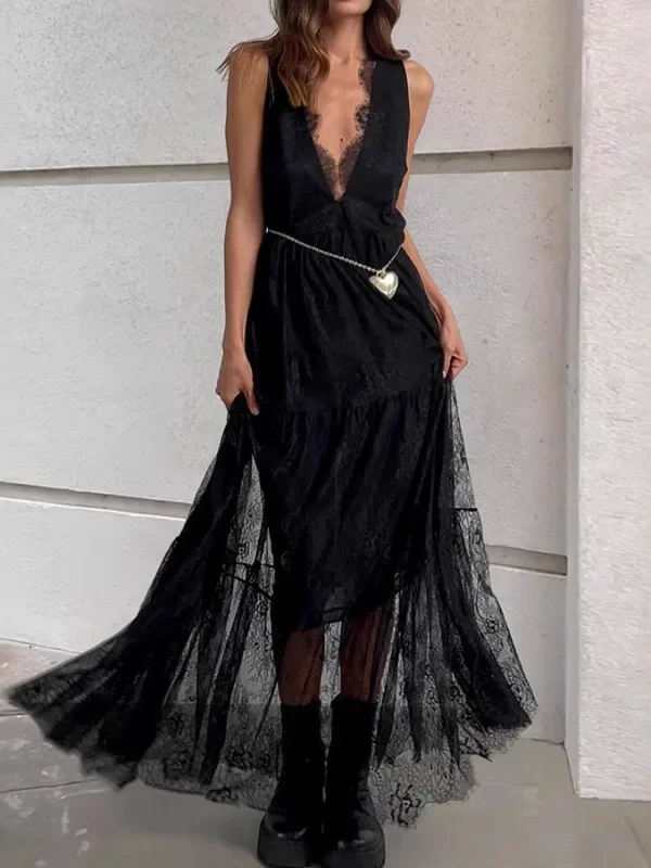 Elegant Black Lace Backless A-Line Dress for Formal Events