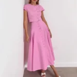 Chic Pink Two-Piece A-Line Skirt & Button Top Set for Women - Image 6