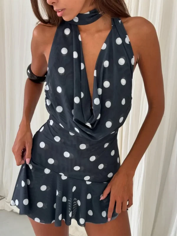 Navy Polka Dot Halter Mini Dress - Chic Backless Party Style