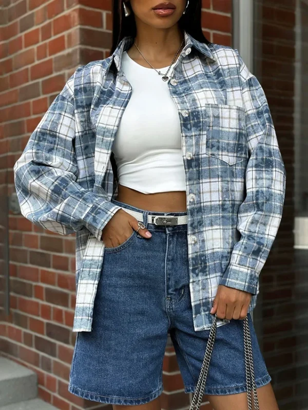 Linad Street Chic Plaid Long Sleeve Shirt Office Lady Single-Breasted Woman Blouse Casual Turn Down Collar Check Top  Spring