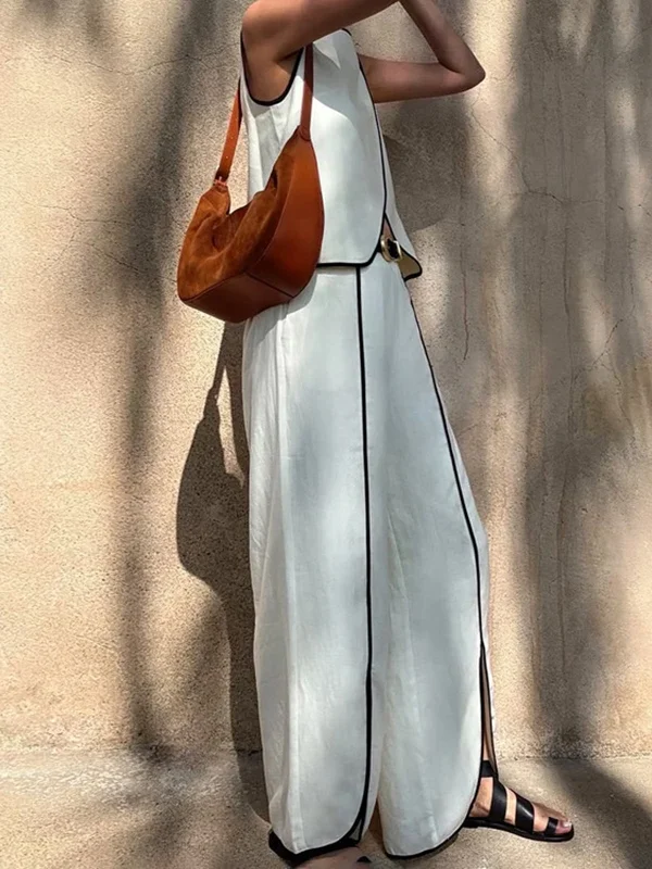 Chic Contrast Two-Piece Set: Stylish O-Neck Top & Wide-Leg Pants