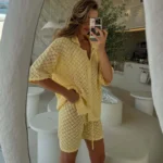 Chic Yellow Knit Shorts Set for Effortless Summer Style - Image 3