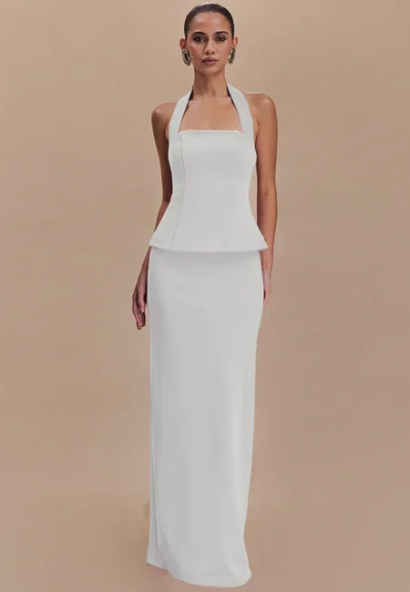 Elegant Backless Halter Top & High-Waisted Skirt Set