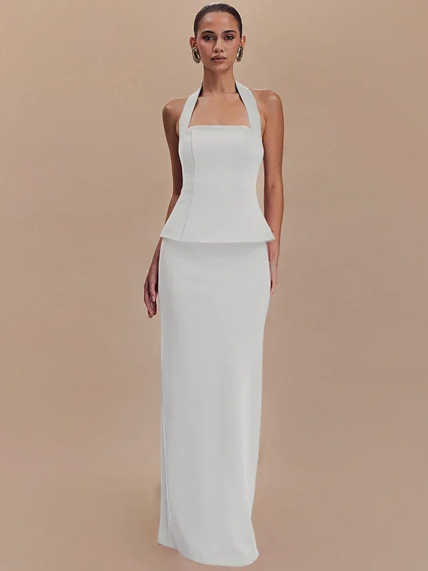 Elegant Backless Halter Top & High-Waisted Skirt Set