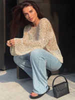 Beige Sequin Hollow-Out Pullover Top for Effortless Chic - Image 3