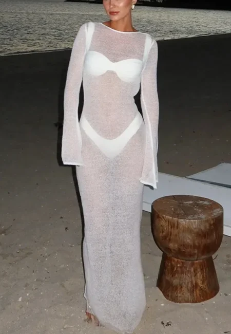 Elegant Women's Ankle-Length Beach Dress in Soft Polyester