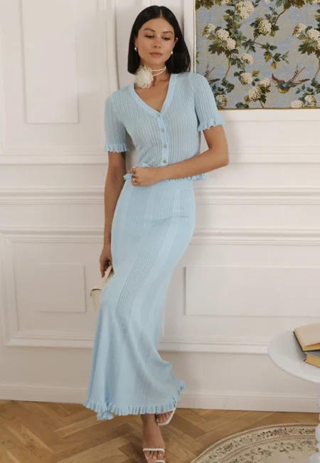 Blue Hollow Knit V-Neck Maxi Skirt Set - Vacation Ready Outfit