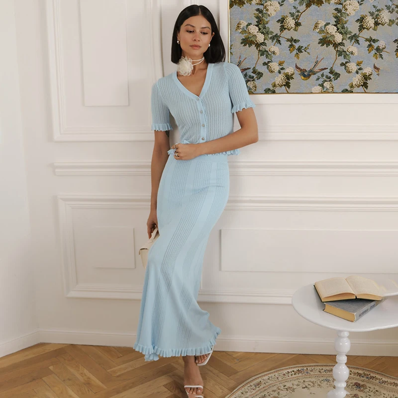 kf-S697a4a2b98014291ab4bf999ec480d5cL Blue Hollow Knit V-Neck Maxi Skirt Set - Vacation Ready Outfit