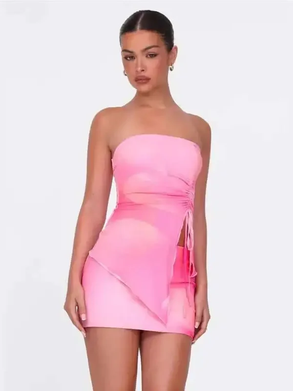 Vibrant Pink Two-Piece Set: Chic Crop & Mini Skirt Duo