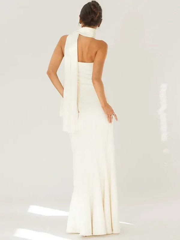 Elegant White Ribbon Fishtail Dress - Strapless Backless Gown