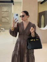 Chic A-Line Lace Dress with Puff Sleeves for Spring Elegance - Image 4