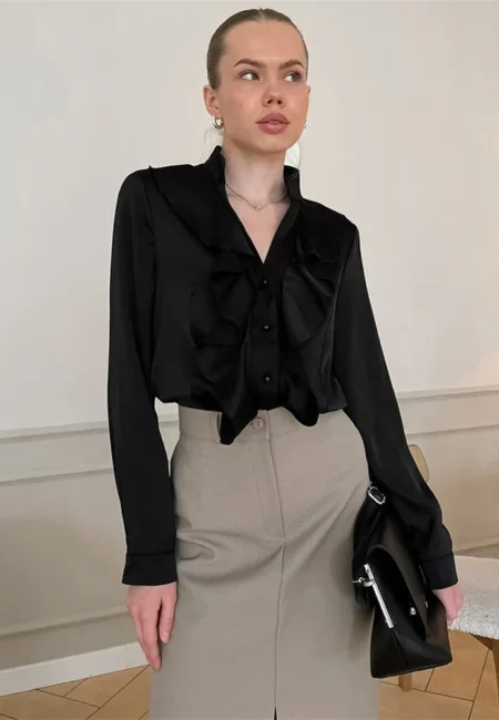 Elegant Ruffled Satin Blouse for Stylish Autumn Commuting