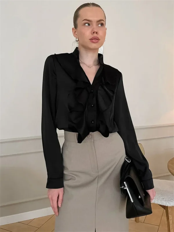 Moopsi Casual Ruffled Satin Shirts Female Patchwork Elegant Commute Fashion Clothes Solid Long Sleeve Autumn  Ladies Blouse