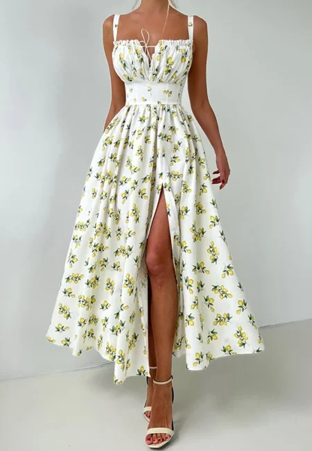 Strawberry Print A-Line Suspender Dress - Summer Vacation Style