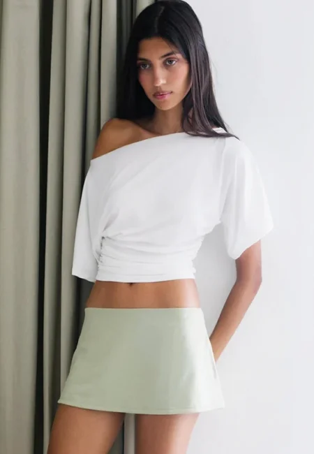 Slanted Shoulder Ruched Vest Top - Asymmetrical Party Crop