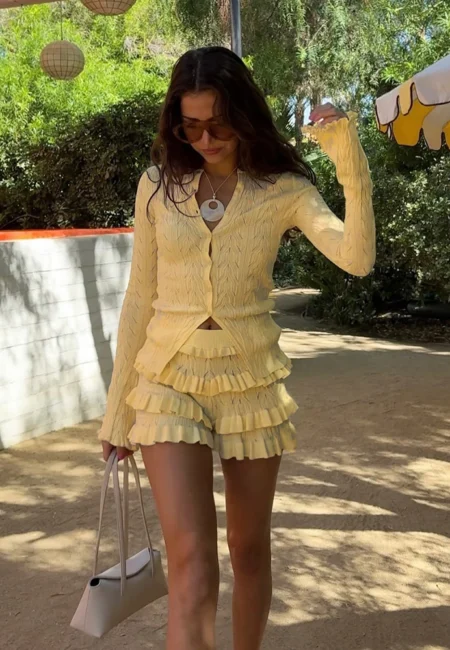 Luxe Hollow Knit Cardigan & Ruffle Shorts Set Spring Summer