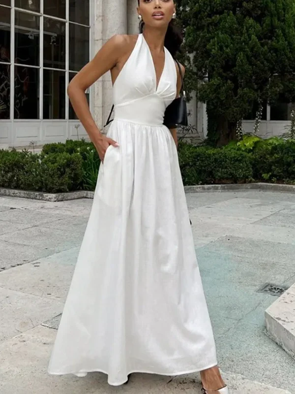 Elegant V-Neck Backless Dress for Beach Holidays & Casual Outings