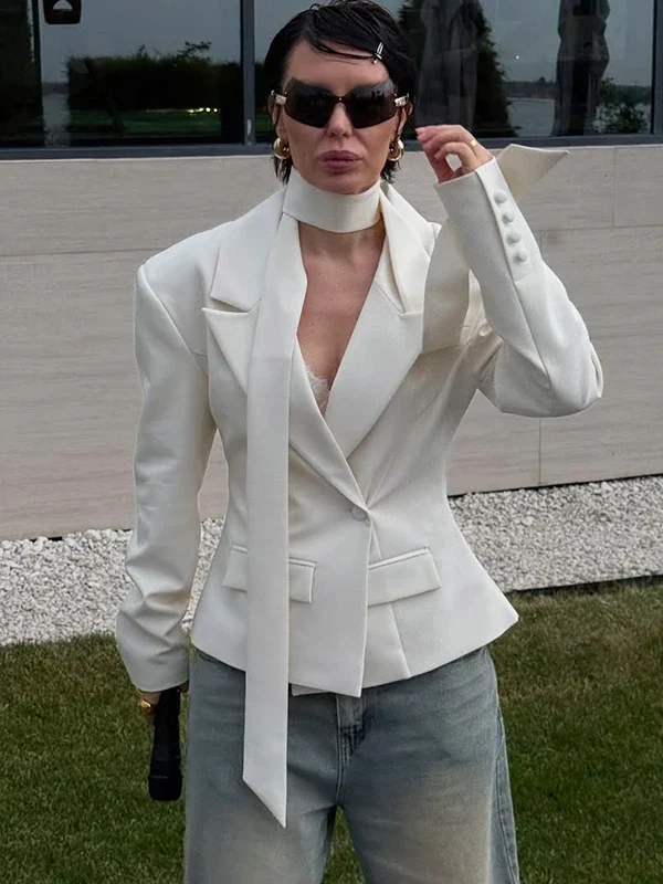 Moopsi  Ribbon Tailored Coat Women's V Neck Long Sleeves Button Coat  Autumn Female Fashion Formal Luxury  Blazer Coat