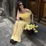 Chic Yellow Two-Piece Set: One-Shoulder Top & High-Waist Pants - Image 4