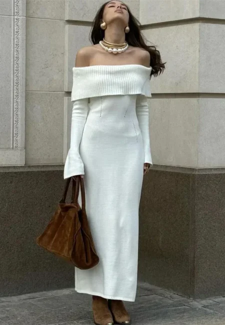 Autumn Elegance Off Shoulder Knit Maxi Dress for Women