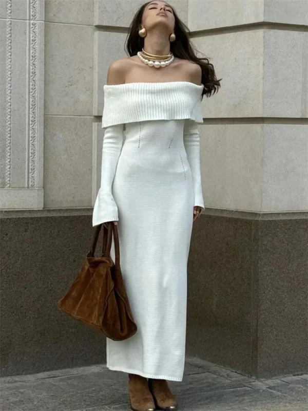 Autumn Elegance Off Shoulder Knit Maxi Dress for Women