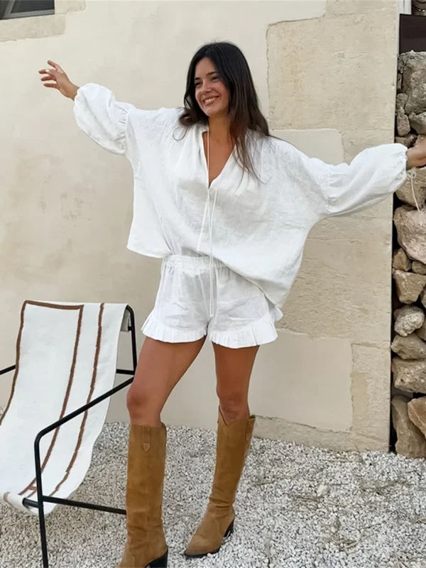 Chic Summer 2-Piece Beach Set with Ruffle Shorts & Pullover