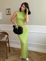 Chic Sleeveless Knitted Turtleneck & High-Waisted Skirt Set