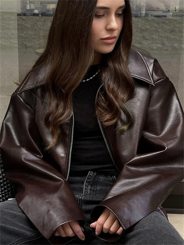 Burgundy PU Coat for Women - Chic Autumn Layering Essential