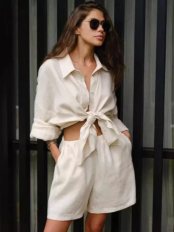 Chic Summer Cotton 2-Piece Shirt & Shorts Set for Women