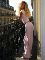 Chic Summer Leisure Suit: Wave Edge Crop Top & Pants Set - Image 2