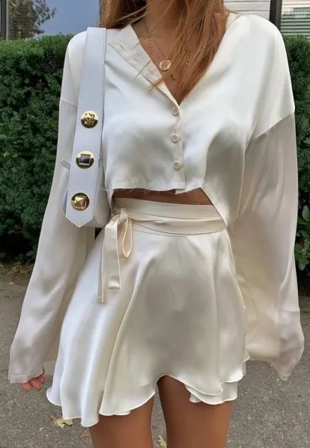 Luxe V-Neck Button Top & High Waist Mini Skirt Two-Piece Set