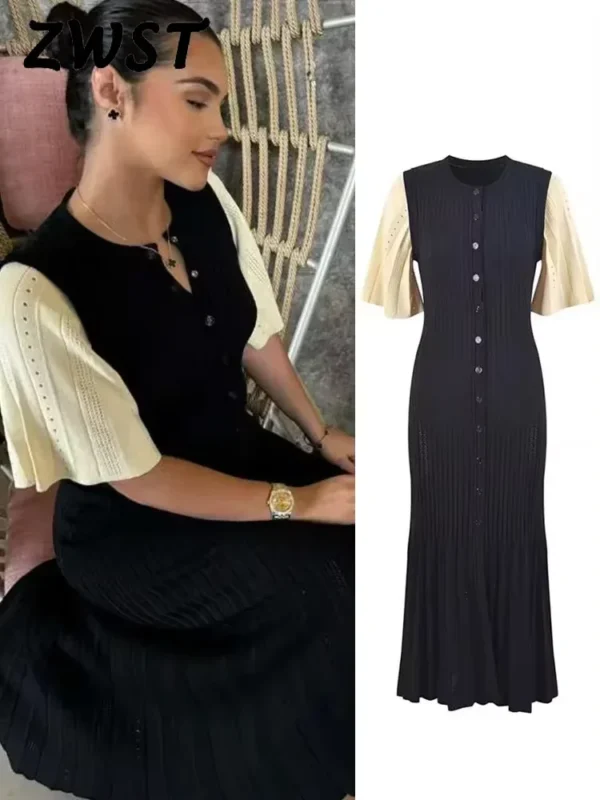 Elegant Knit Dress For Women White  O-neck Single Breasted Short Sleeve Long Dresses Female  Spring Fashion Lady Robe