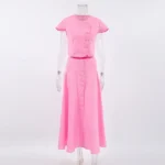 Chic Pink Two-Piece A-Line Skirt & Button Top Set for Women - Image 3