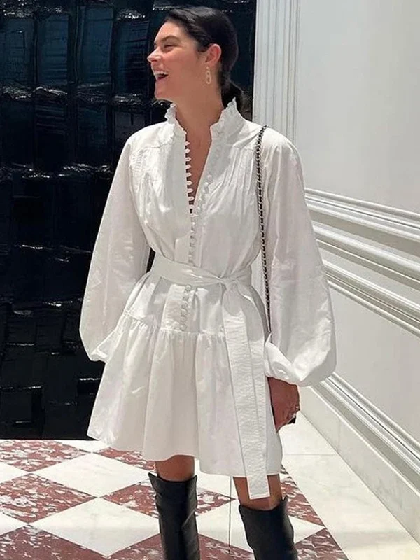 Elegant A-Line White Ruffled Dress for Office & Events