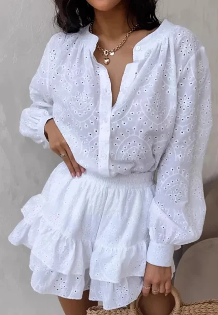 Luxe Jacquard Ruffled Two-Piece Set - Hollow Sleeve Top & Shorts