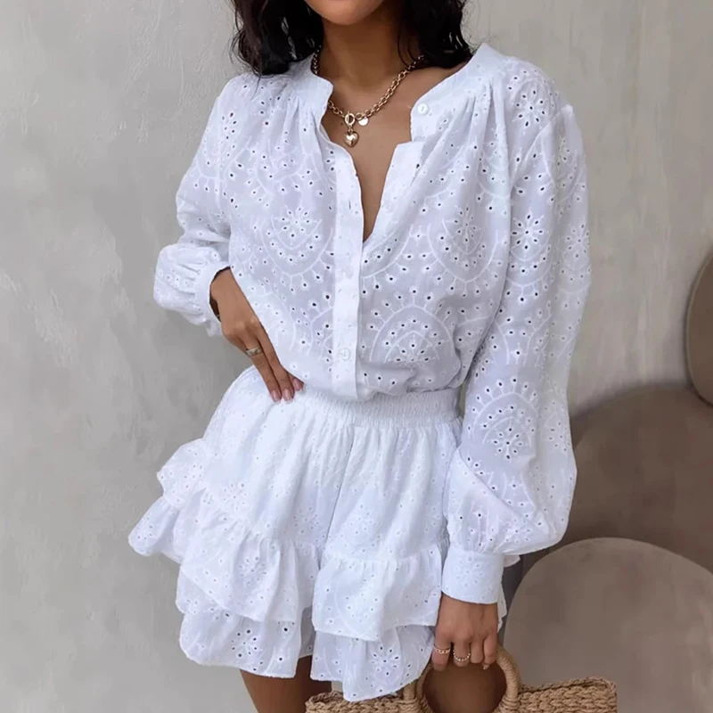kf-S7f3d699b37d54916b63a38a4d98faca1r Luxe Jacquard Ruffled Two-Piece Set - Hollow Sleeve Top & Shorts