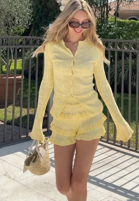 Breathable Knit Cardigan & Ruffle Shorts Set - Summer Ready