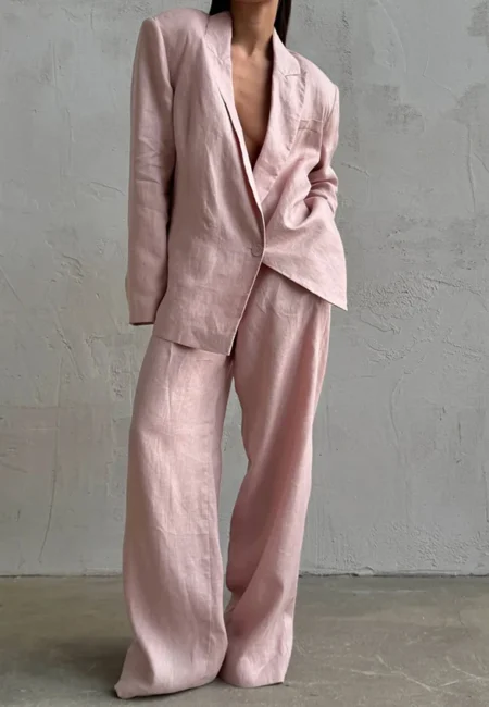 Pink V-Neck Cotton Two Piece Office Suit with Pockets
