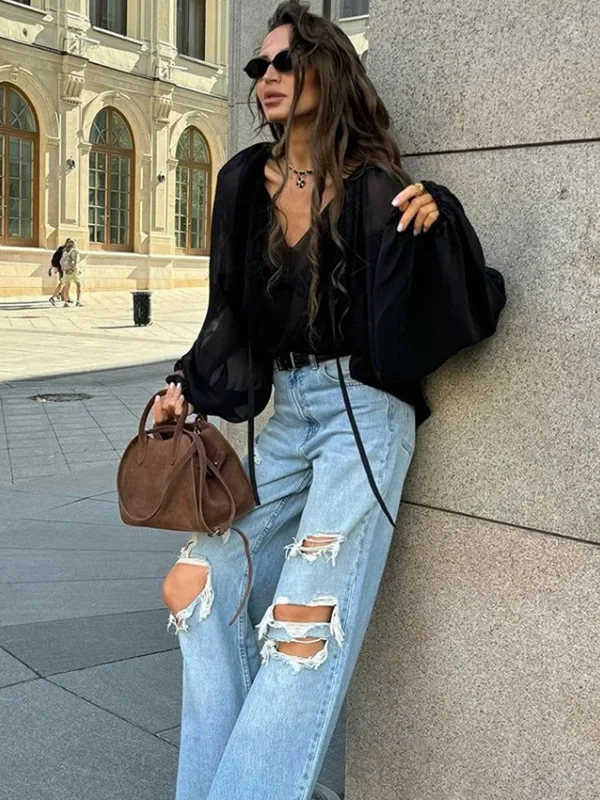 Moopsi  Black Lace Up Shirt Women's Summer V Neck Mesh Long Sleeve Top Blouses Fashion Loose Casual Pullover Women Shirt